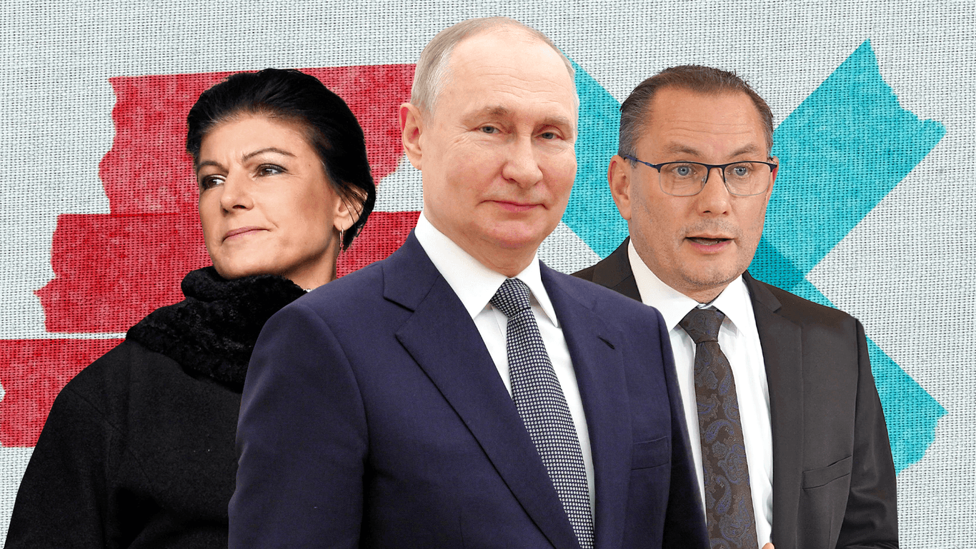 Sahra Wagenknecht (Linke), Wladimir Putin, Tino Chrupalla (AfD): Russland hofft auf Linke wie Rechte.