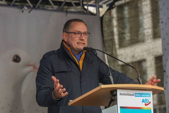 Tino Chrupalla bei einer Kundgebung der AfD in Nürnberg: Bei seiner Rede verharmlost der AfD-Bundessprecher das Kriegsgeschehen.