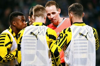 Belagerungszustand: Die BVB-Spieler versuchen, auf Schiedsrichter Stegemann einzuwirken.