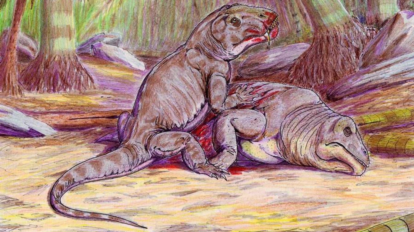 Ein Titanophoneus reißt einen Ulemosaurus: Zwei Massensterben ereigneten sich vor 260 Millionen Jahren.