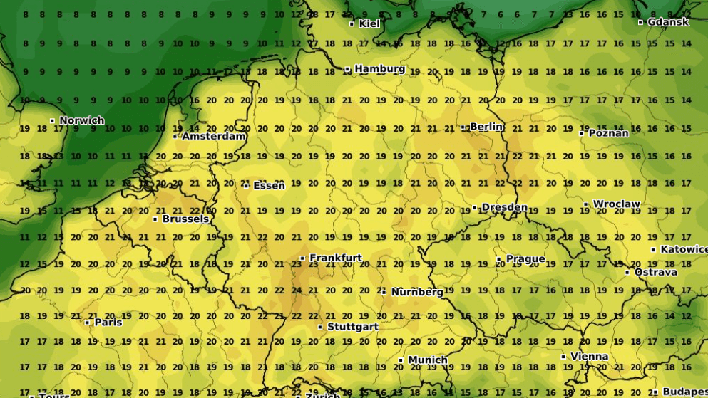 Die erwarteten Temperaturen am übernächsten Sonntag: Im Süden des Rhein-Main-Gebietes soll es besonders warm werden. Die erwarteten Temperaturen am übernächsten Sonntag: Im Süden des Rhein-Main-Gebietes soll es besonders warm werden.