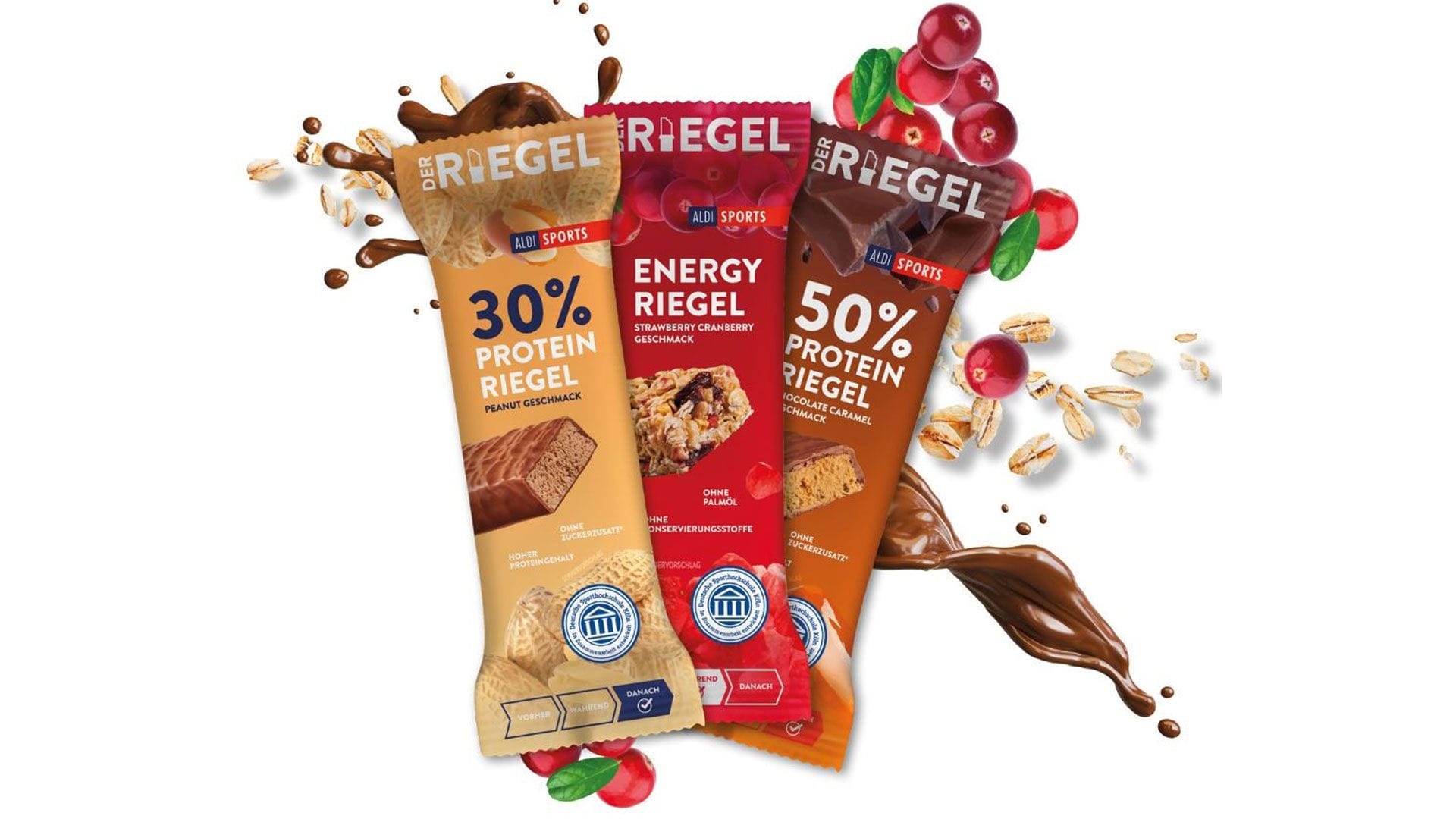 Ohne Palmöl und Konservierungsstoffe, außerdem kommen die Protein Riegel von Aldi Sports ohne Zuckerzusatz aus. (Bildquelle: ALDI Sports)