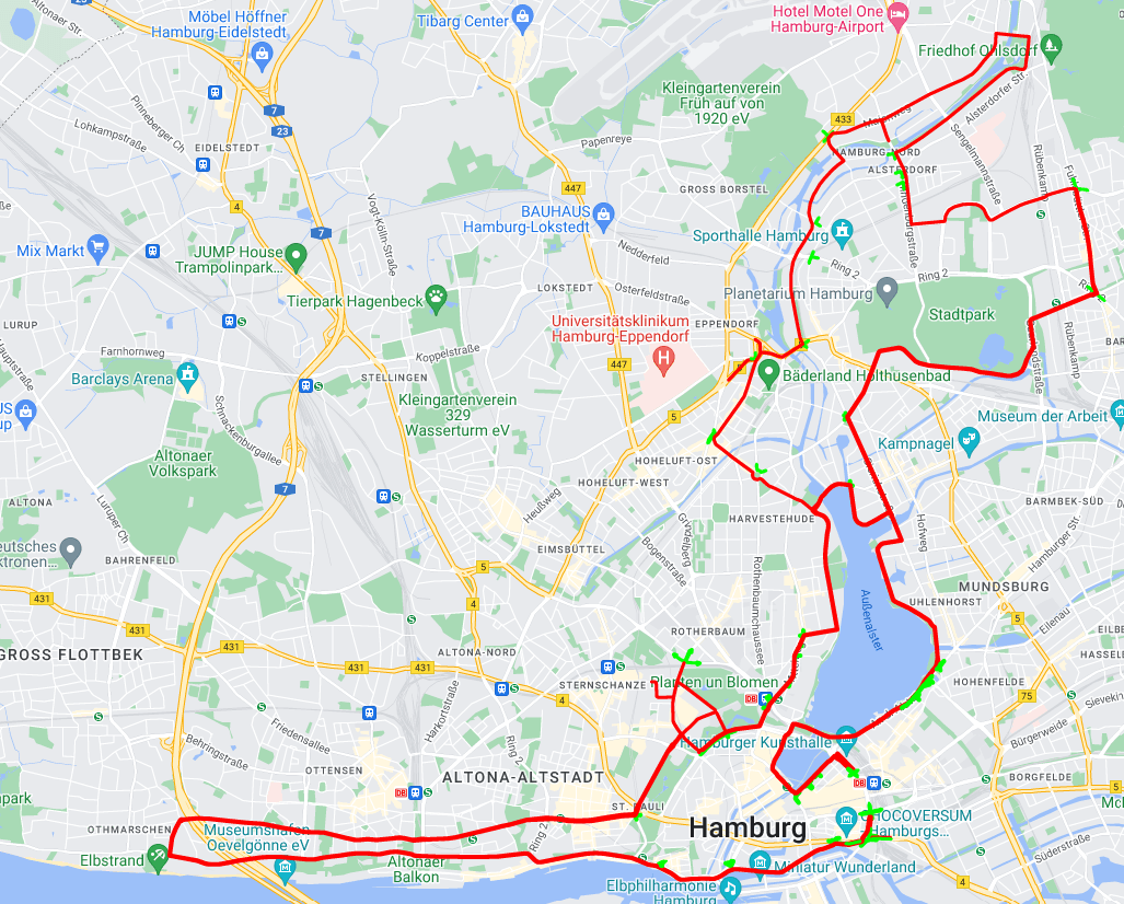 Haspa-Marathon 2023 (Screenshot): Die Laufstrecke zieht sich durch die gesamte Innenstadt bis nach Ohlsdorf.