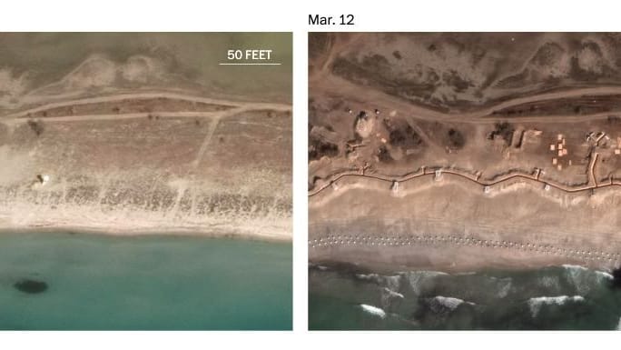 Satellitenaufnahmen eines Küstenabschnitts auf der Krim im Vergleich: Wo Ende Februar nur Pfade verliefen, sind kurz darauf bereits Schützengräben errichtet.