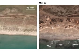 Satellitenaufnahmen eines Küstenabschnitts auf der Krim im Vergleich: Wo Ende Februar nur Pfade verliefen, sind kurz darauf bereits Schützengräben errichtet.