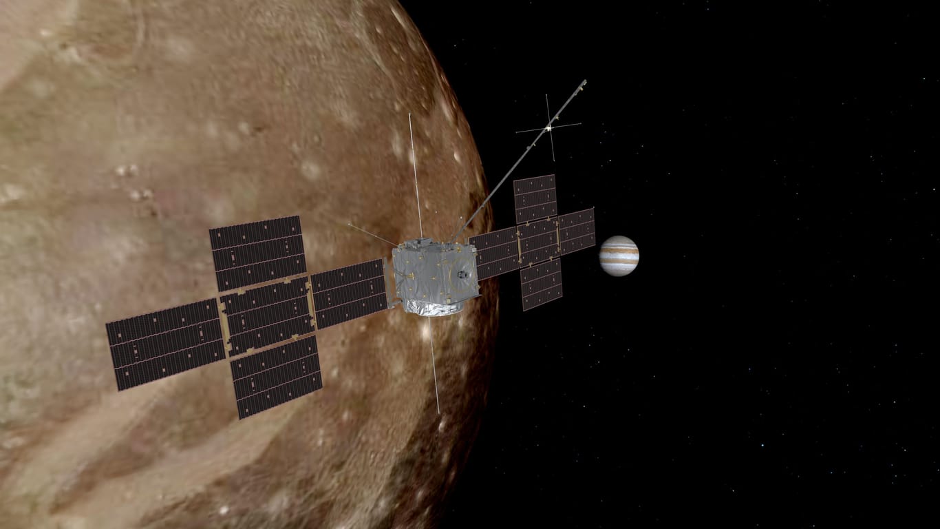 Eine Animation der Jupiter-Sonde "Juice": Die Sonde befindet sich auf dem langen Weg zum Jupiter.