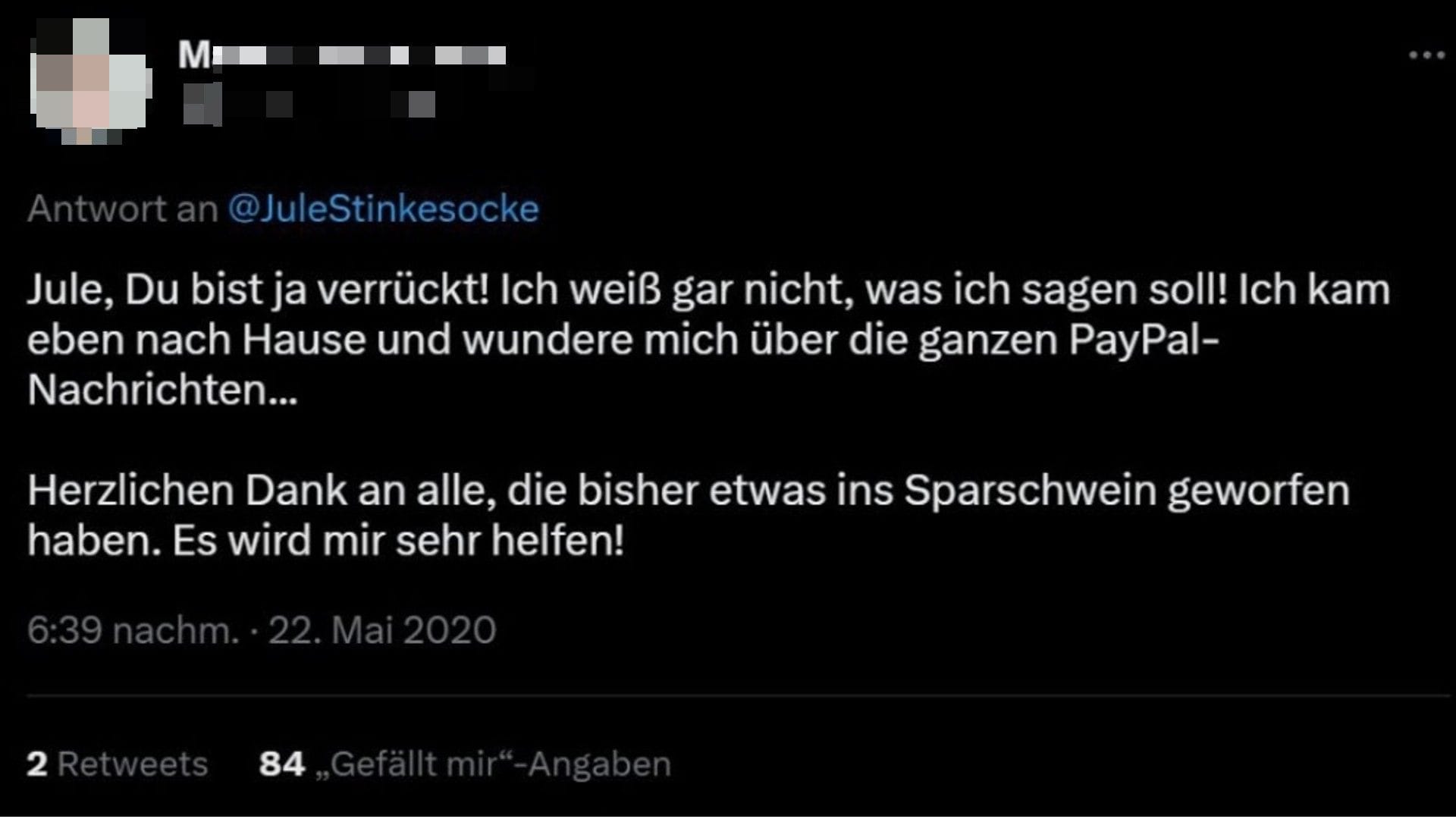 Dank an "Jule": Bei Twitter hatte die Bloggerin darauf aufmerksam gemacht, dass M. Geld für ein Auto braucht.