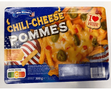 Mike Mitchell's Chili Cheese Pommes: Eine weitere Charge der Pommes könnte Farbrückstände enthalten. (Quelle: Kundeninformation/Prima Menü Vertriebs GmbH und Co. KG) Mike Mitchell's Chili Cheese Pommes: Eine weitere Charge der Pommes könnte Farbrückstände enthalten.