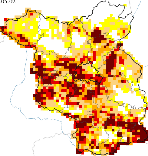 Die Situation Anfang Mai 2023 in Berlin und Brandenburg: Gelb bedeutet "ungewöhnlich trocken", Hellorange "moderate Dürre", Orange "schwere Dürre", Rot "extreme Dürre" und Braun "außergewöhnliche Dürre".