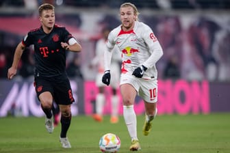 Emil Forsberg (r.) im Duell mit Joshua Kimmich: Der Schwede hat die Bayern mit RB Leipzig zu Beginn des Jahres schon einmal geärgert und im Hinspiel ein 1:1 geholt.