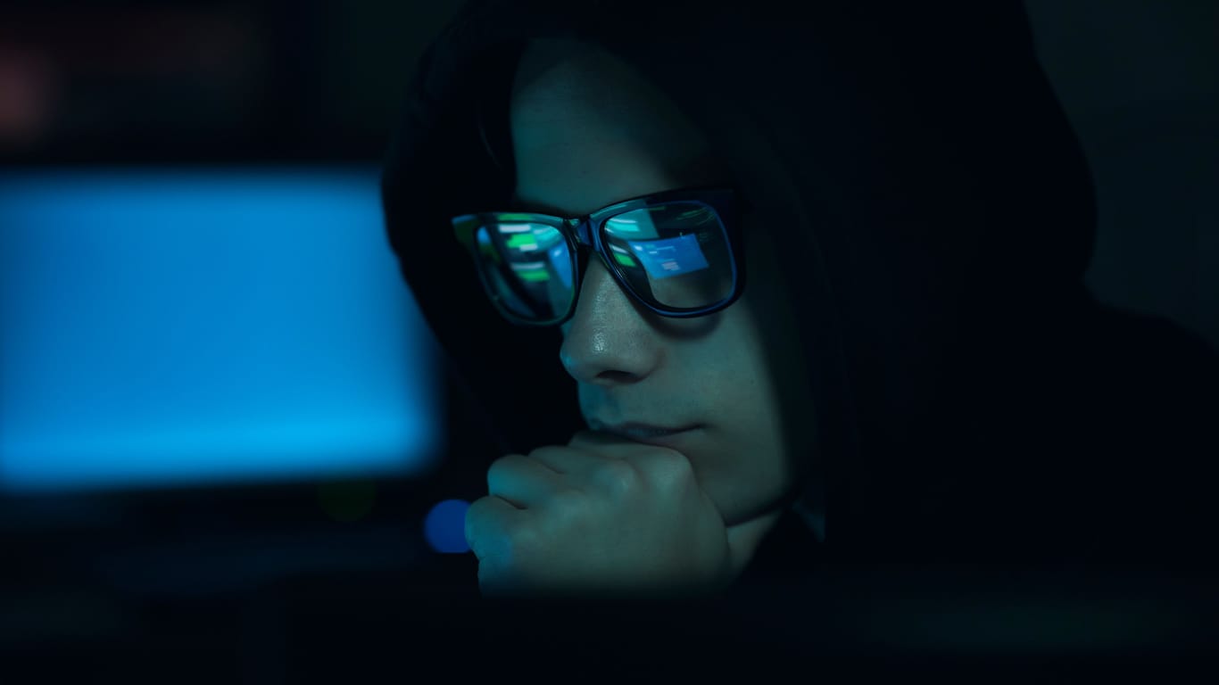 Eine Person mit Brille und Kapuze sitzt vor einem Laptop.
