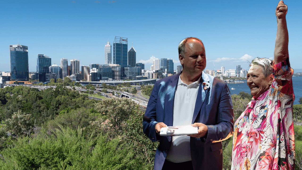 Dirk Hilbert und Gudrun Manuwald-Seemüller, Vorsitzende von TransDia Sport Deutschland. Im Hintergrund die Skyline von Perth, dem australischen Ausrichter der diesjährigen World Transplant Games.