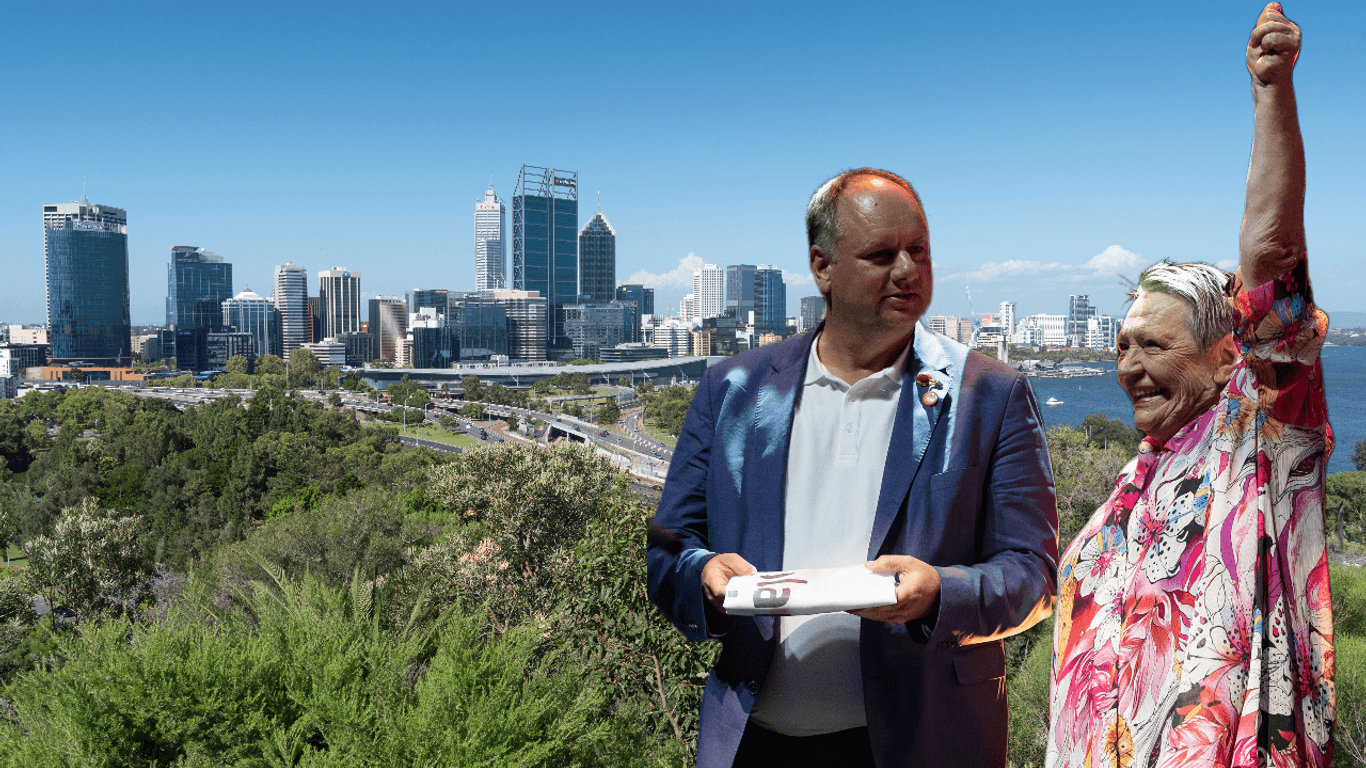 Dirk Hilbert und Gudrun Manuwald-Seemüller, Vorsitzende von TransDia Sport Deutschland. Im Hintergrund die Skyline von Perth, dem australischen Ausrichter der diesjährigen World Transplant Games.