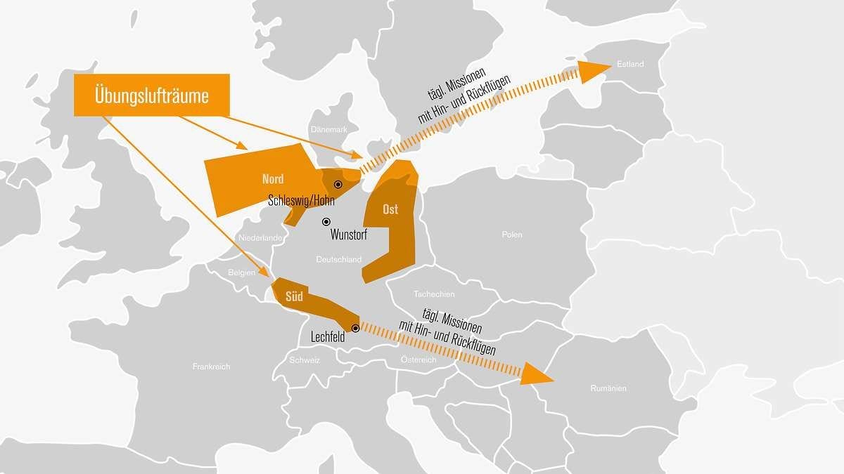 Die betroffenen Übungsräume: Nach aktuellen Planungen der Luftwaffe wird der Übungsraum Ost jeden Tag zwischen 10 und 14 gesperrt sein.