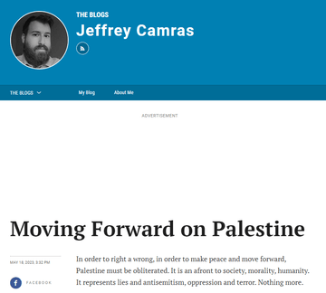 Ein Screenshot des mittlerweile gelöschten Artikels von Jeffrey Camras, in dem er die "Auslöschung Palästinas" fordert.