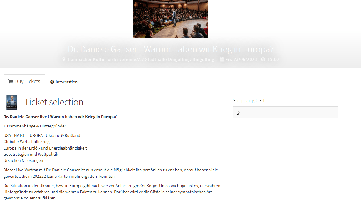 Screenshot des Ticketshops von "Friedensweg" auf ticket.io