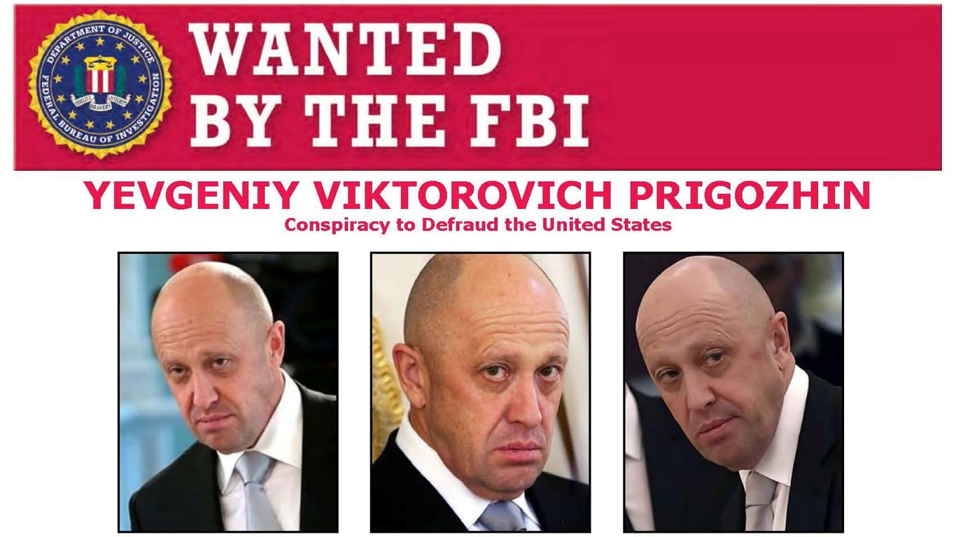 Prigoschin, prominent: Fahndungsplakat des amerikanischen FBI aus dem März 2022.