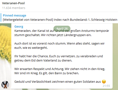 Rekrutierung: Im April 2021 eröffnet Birkmann eine Telegram-Gruppe, um Veteranen einzusammeln.