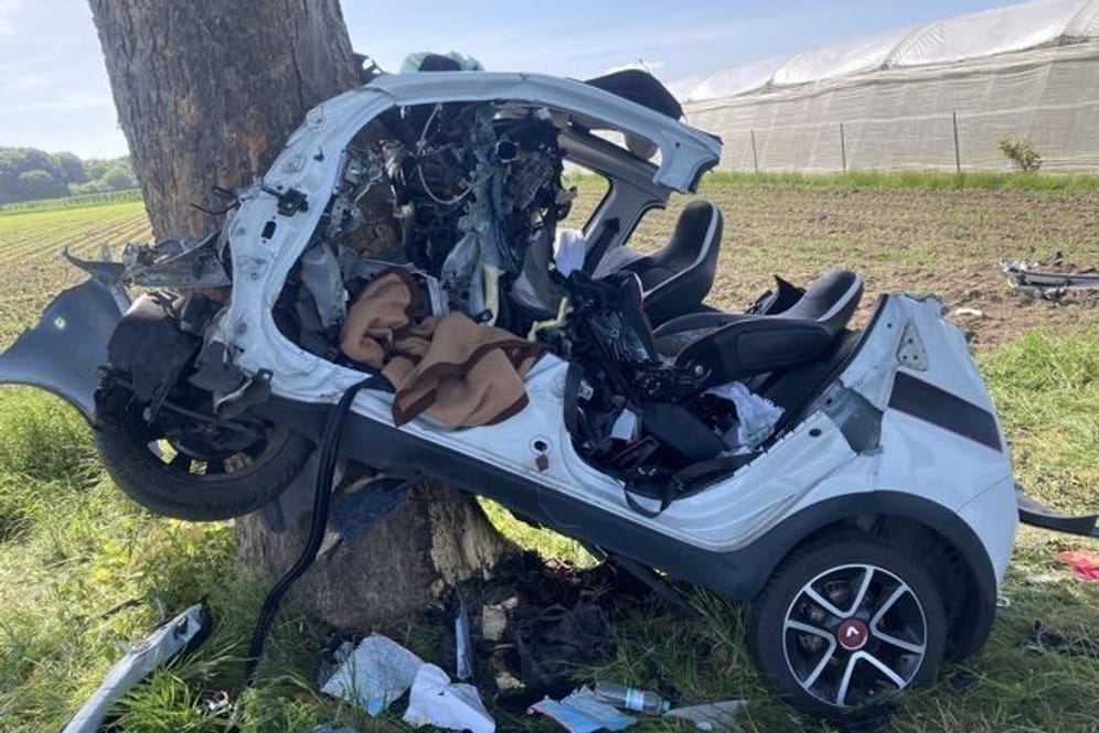 Der zerstörte Renault Twingo am Baum: Die Polizei schätzt den Sachschaden auf etwa 9.000 Euro.