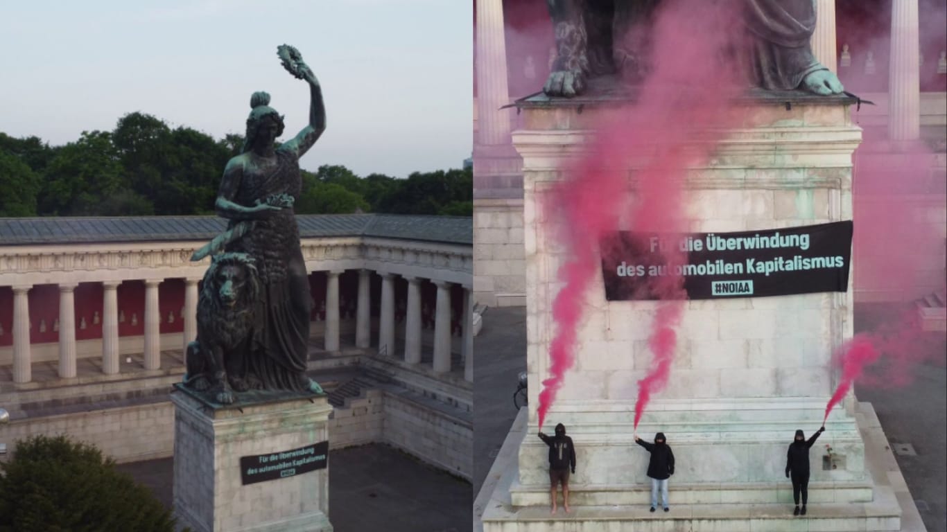 Aktivisten protestierten an einem Wahrzeichen in München gegen eine große Automesse: Ab September werden bei der IAA wieder Besucher aus aller Welt empfangen.