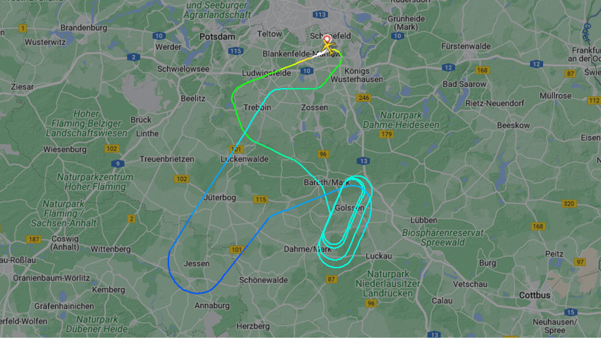 Die Route des Flugs: Nach ein paar Runden über Brandenburg setzte die Maschine wieder in Berlin auf.