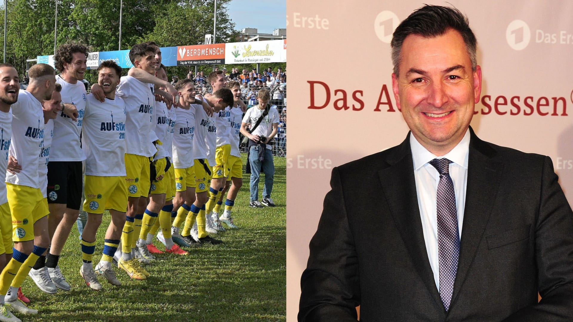Die Stuttgarter Kickers bei der Aufstiegsfeier und ARD-Moderator Markus Gürne (rechts): Der gebürtige Stuttgarter ist bekennender Kickersfan. Die Stuttgarter Kickers bei der Aufstiegsfeier und ARD-Moderator Markus Gürne (rechts): Der gebürtige Stuttgarter ist bekennender Kickersfan.