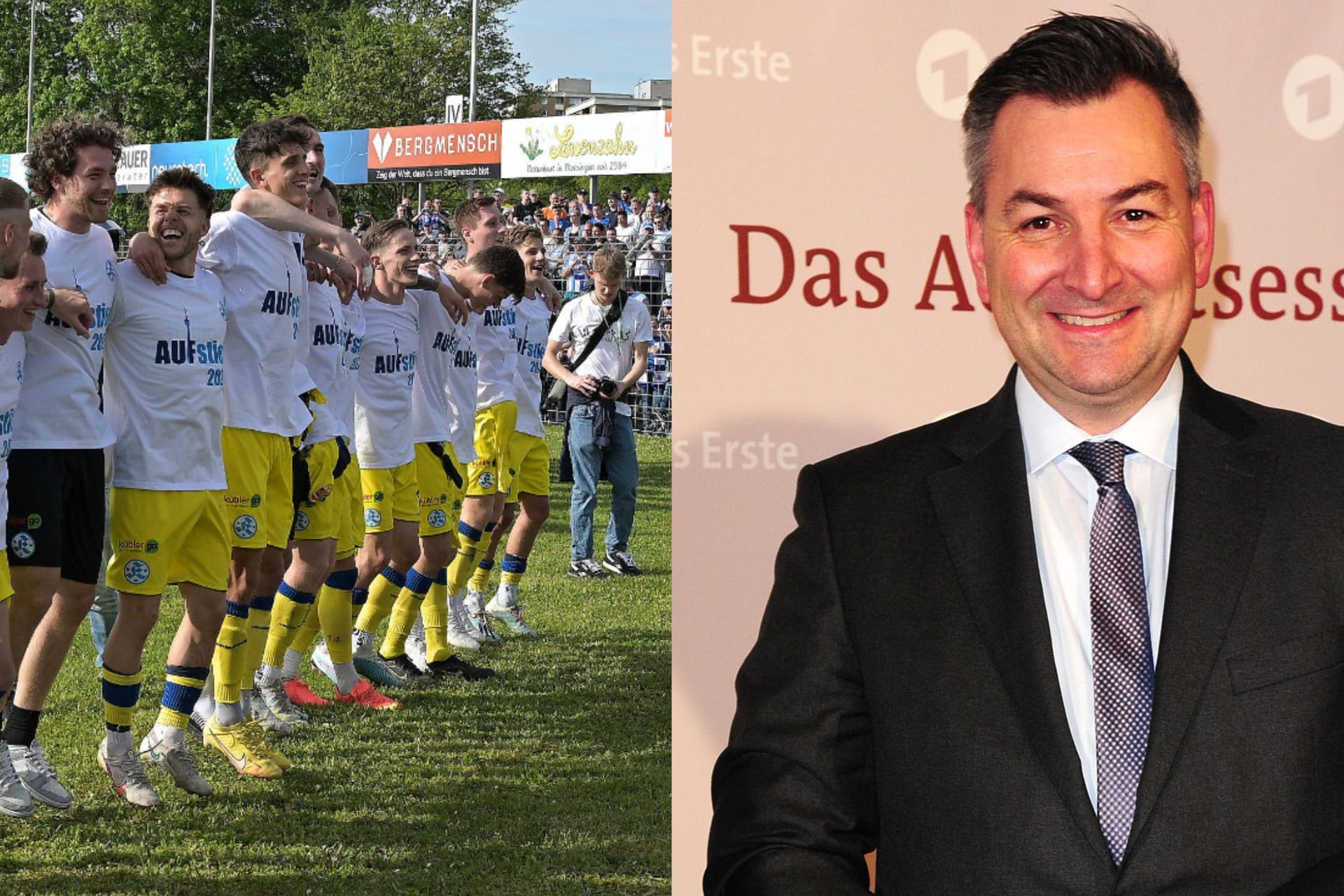 Die Stuttgarter Kickers bei der Aufstiegsfeier und ARD-Moderator Markus Gürne (rechts): Der gebürtige Stuttgarter ist bekennender Kickersfan.