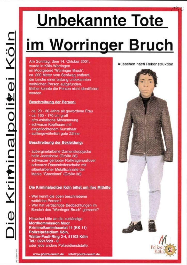 Die Kölner Moorleiche: Mit diesem Plakat suchte die Polizei nach Zeugen.