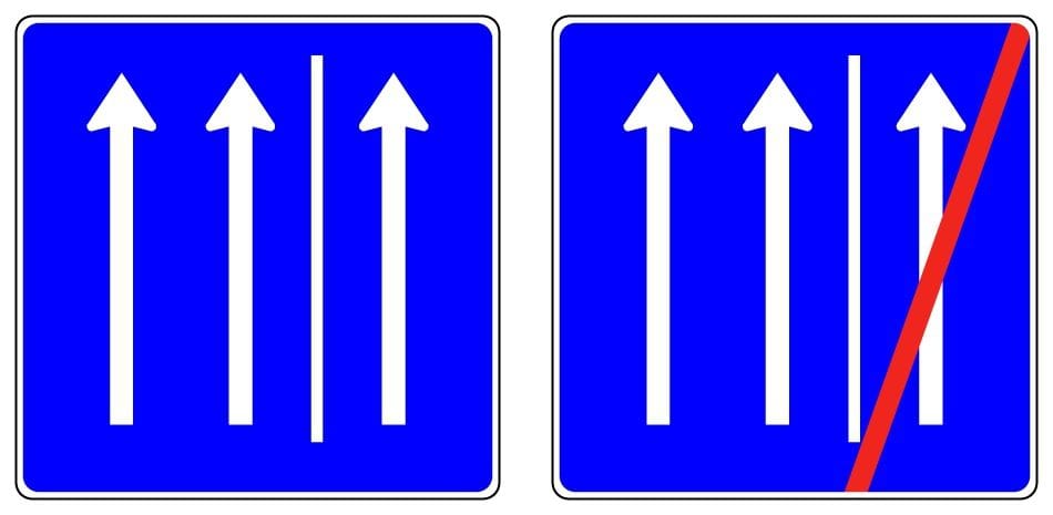 Seitenstreifen: Seine Freigabe wird durch das Verkehrszeichen 223.1 angezeigt (links), die Aufhebung durch das Schild 223.2.