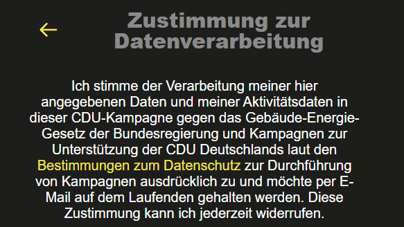 Zustimmung: Auf der Seite, auf der die CDU die Unterstützer sammelt, änderten sich auch die Angaben, wofür die Daten genutzt werden.