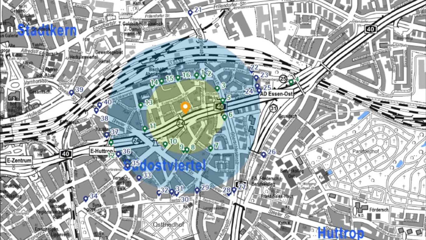 Der Lage- und Evakuierungsplan zum Bombenfund im Südostviertel der Stadt Essen