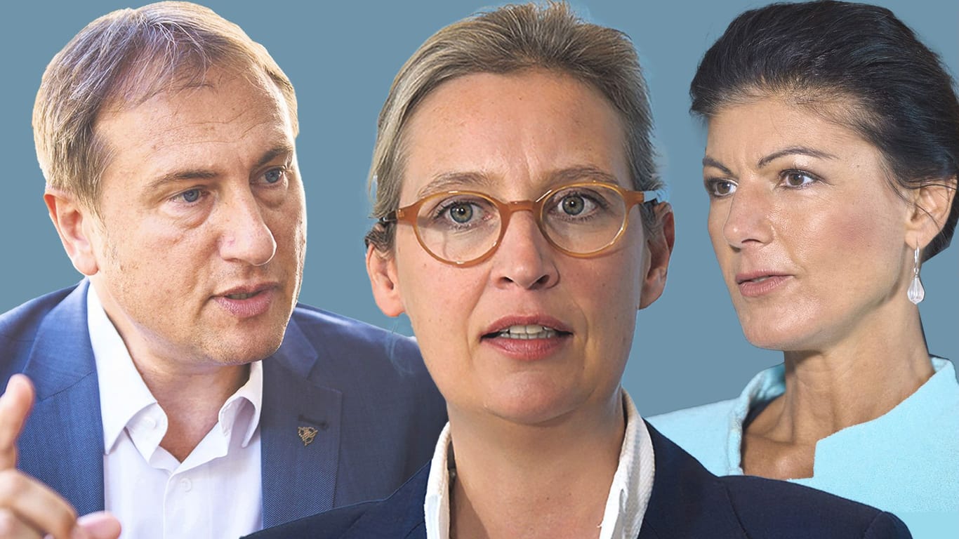 AfD-Chefin Alice Weidel (M.), Linkenpolitikerin Sahra Wagenknecht (r.) und "Bündnis Deutschland"-Vorsitzender Steffen Große: Die AfD bekommt Konkurrenz.