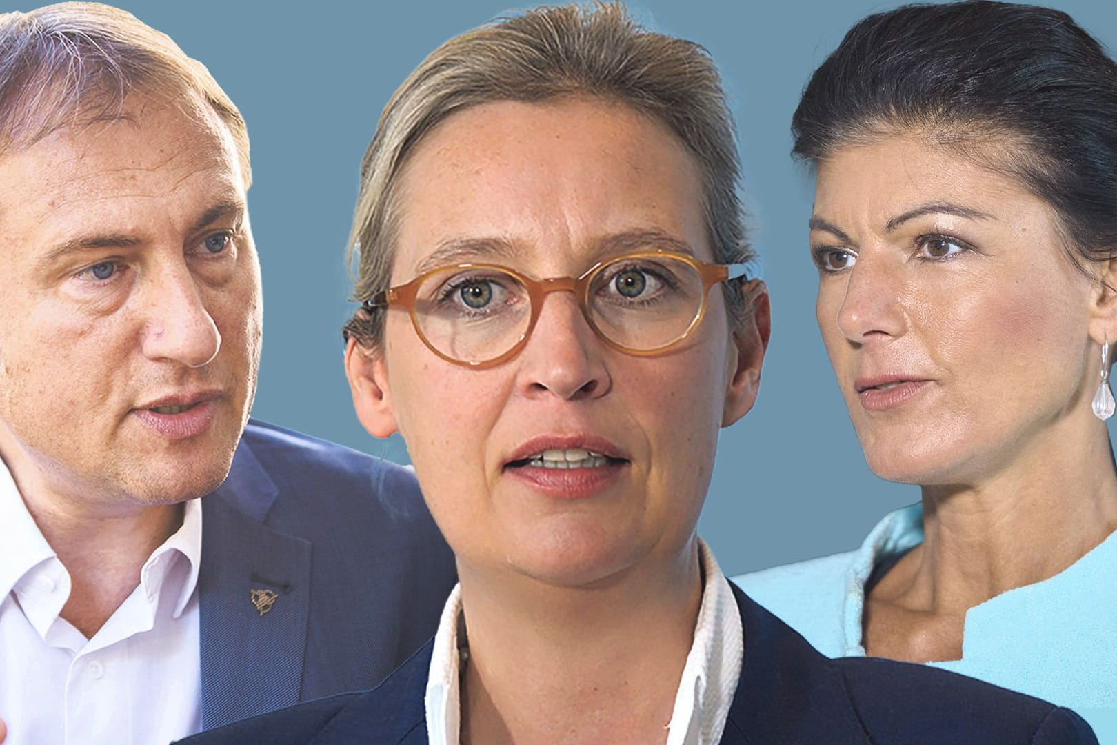 AfD-Chefin Alice Weidel (M.), Linkenpolitikerin Sahra Wagenknecht (r.) und "Bündnis Deutschland"-Vorsitzender Steffen Große: Die AfD bekommt Konkurrenz.