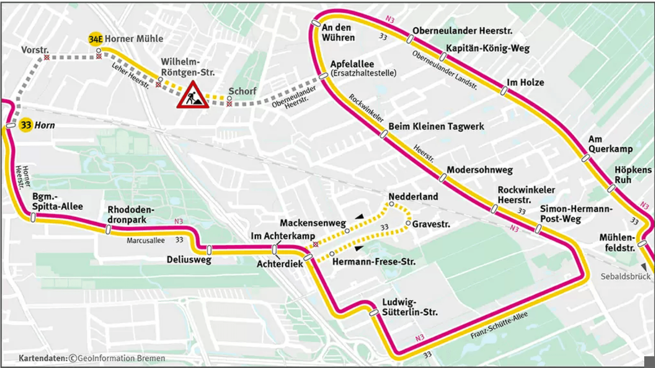 Die Grafik zeigt die Umleitungsstrecke der Buslinien 33, 34 und N3.
