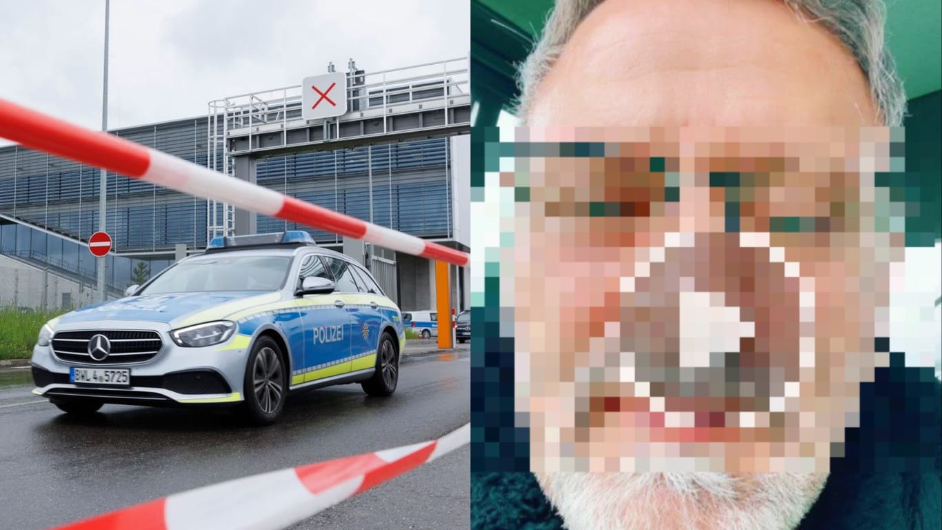 Ein Polizeiwagen steht vor dem Mercedes-Benz-Werk in Sindelfingen (links) und der mutmaßliche Täter Murat D. in einem Tiktok-Video.