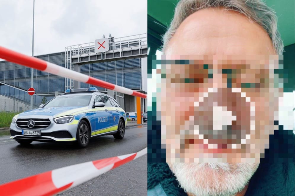 Ein Polizeiwagen steht vor dem Mercedes-Benz-Werk in Sindelfingen (links) und der mutmaßliche Täter Murat D. in einem Tiktok-Video.