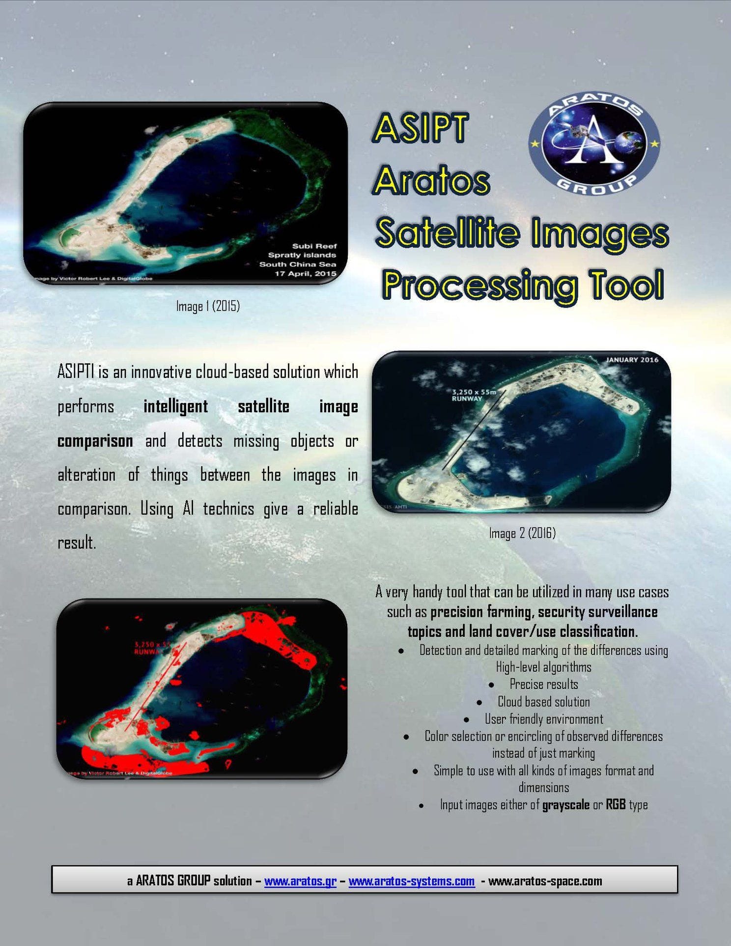 Ein Poster wirbt für die Satellitentechnologie des Unternehmens Aratos.