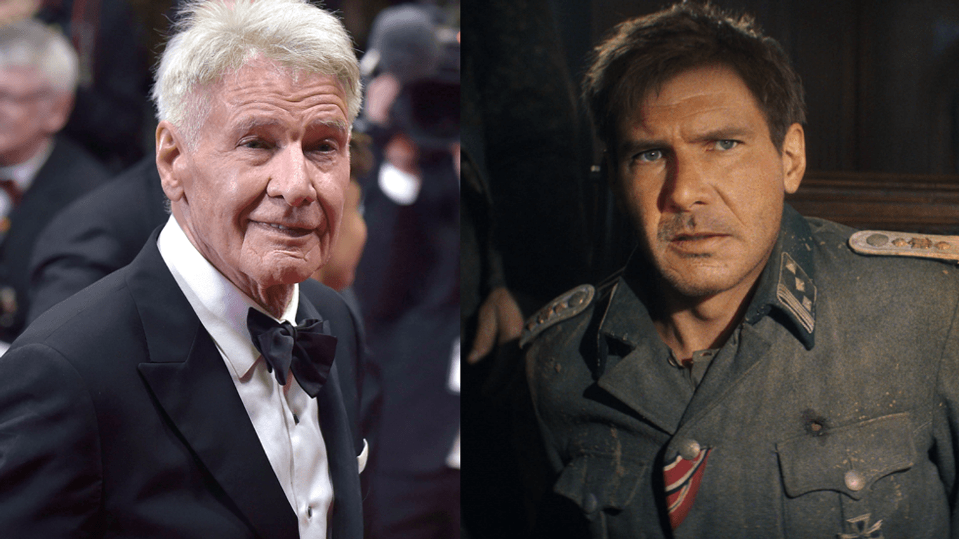Harrison Ford links auf dem roten Teppich der Premiere und rechts im Film.