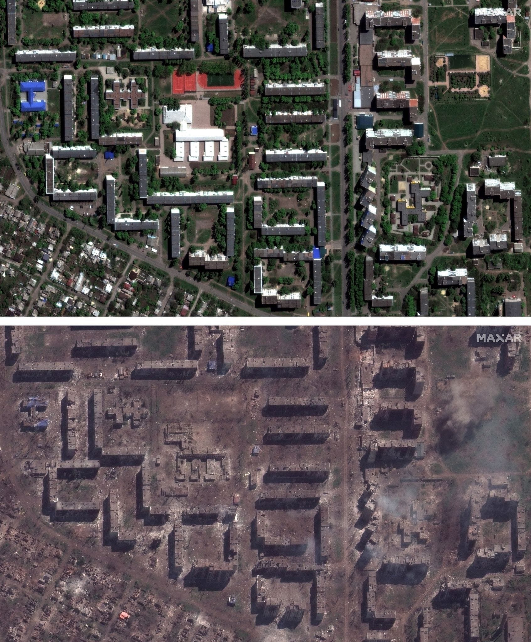 Diese von Maxar Technologies zur Verfügung gestellten Fotos zeigen eine Schule (Mitte links) und Wohnblöcke in Bachmut (oben, aufgenommen am 08. Mai 2022) und nach der Zerstörung (unten, aufgenommen am 15. Mai 2023).