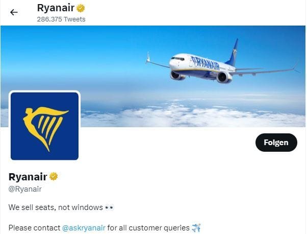 Ryanair Bio Twitter ("Wir verkaufen Sitzplätze, keine Fenster")