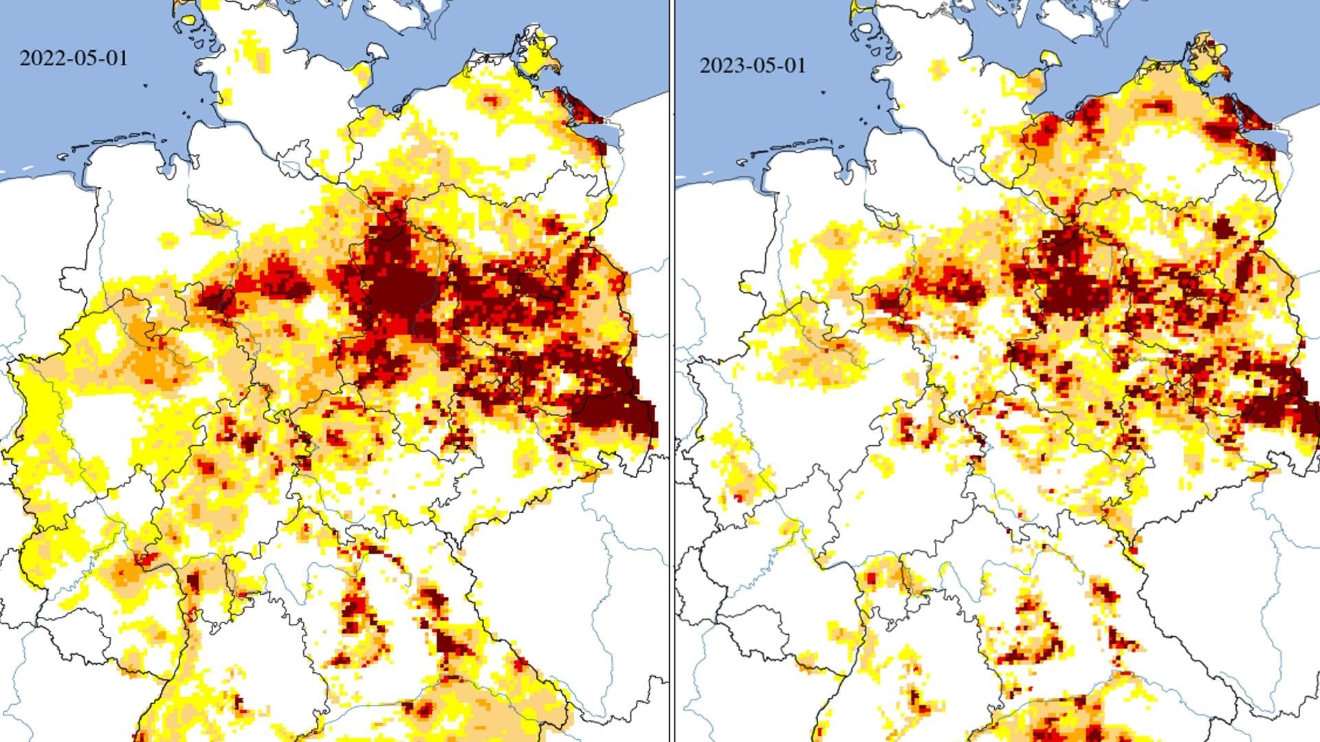 Der Vergleich: Links der Boden am 1. Mai 2022, rechts am 1. Mai 2023.