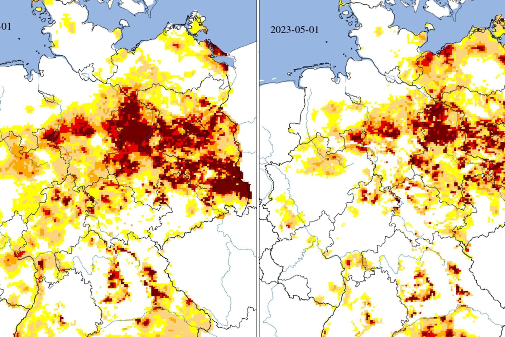 Der Vergleich: Links der Boden am 1. Mai 2022, rechts am 1. Mai 2023.