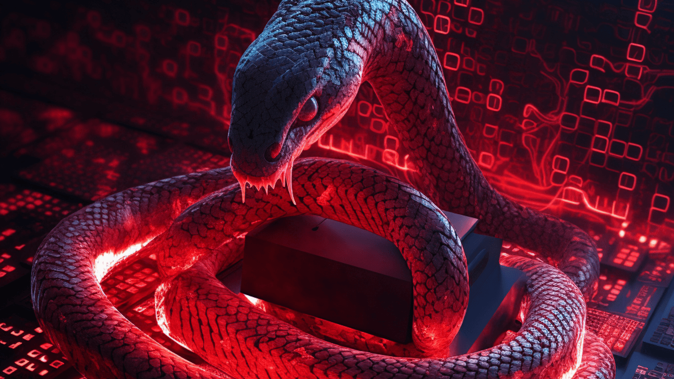 Eine Schlange vor rot leuchtenden digitalen Zeichen. Die Malware Snake war jahrelang Grundlage russischer Hacker-Angriffe.