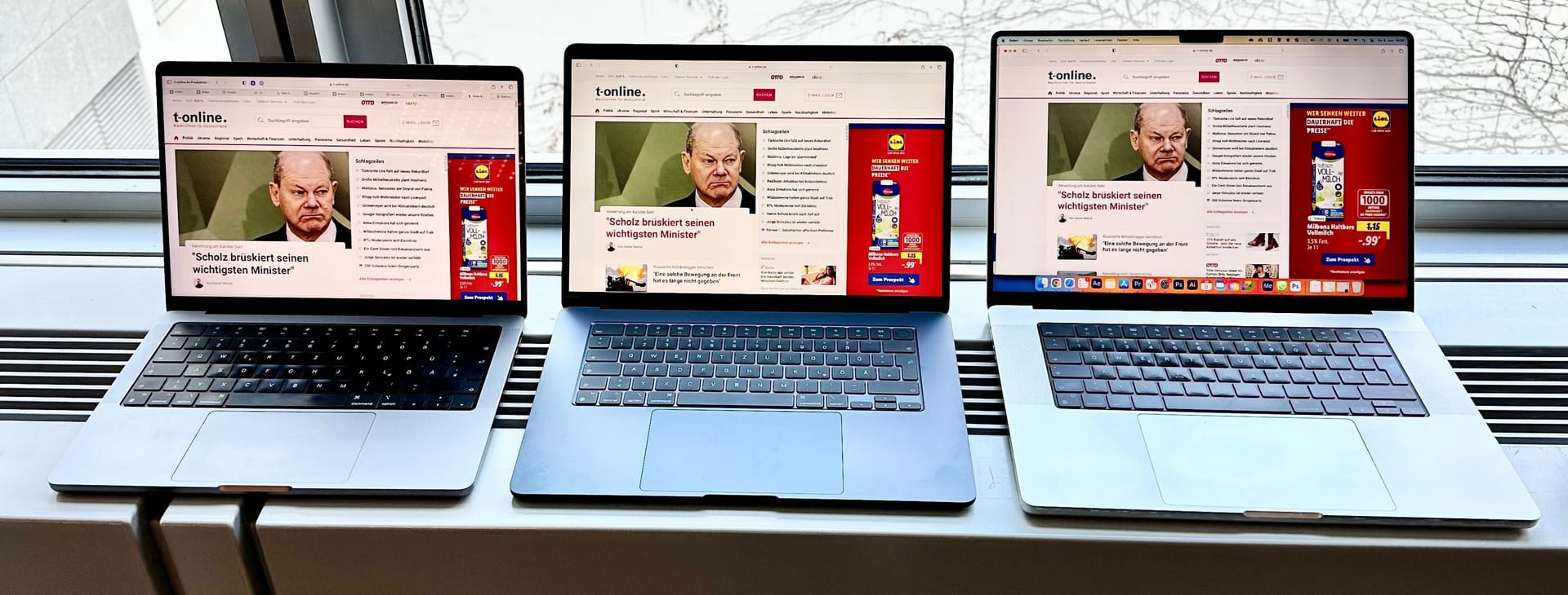 MacBook Air 15" (Mitte) im Größenvergleich zum MacBook Pro 14" (links) und dem MacBook Pro 16" (rechts). Ein neues MacBook Air 13" hatten wir für ein Vergleichsfoto leider nicht vor Ort.