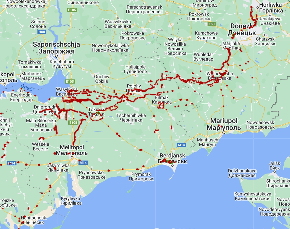 Russische Verteidigungsanlagen (in rot) in der Region Saporischschja.