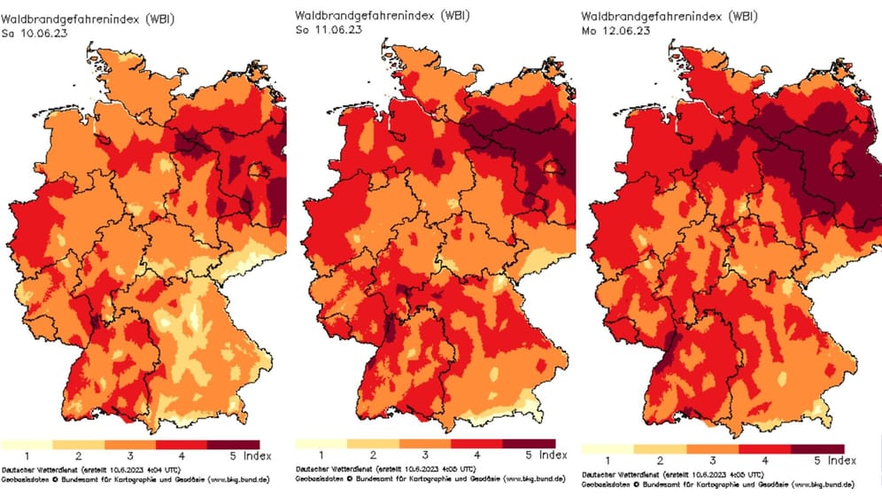 Die Entwicklung von Samstag bis Montag: Die Waldbrandgefahr nimmt noch einmal deutlich zu.