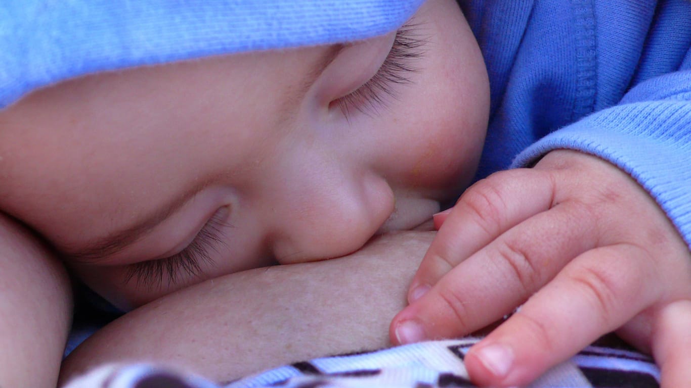 Ein Baby ist beim Stillen eingeschlafen (Symbolfoto): Für stillende Mütter gibt es arbeitsrechtliche Regelungen.