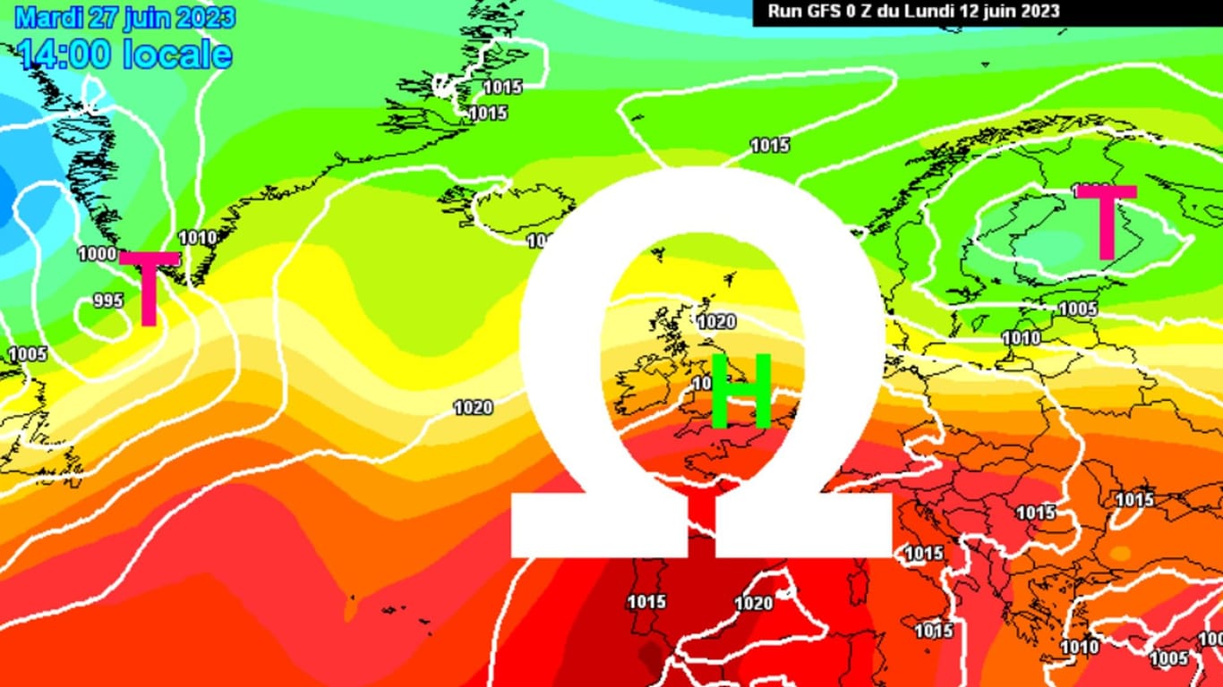 Anzeichen für eine stabile Omega-Wetterlage: Ein Hoch über West- und Mitteleuropa, zugleich westlich und östlich zwei Tiefs.