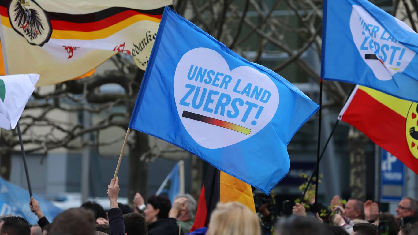 Flaggen auf einer Demonstration der AfD in Frankfurt: Unter Unterstützern der Partei sieht der Verfassungsschutz ein erhebliches extremistisches Potenzial, das sich auch in Gewalt äußern könne.