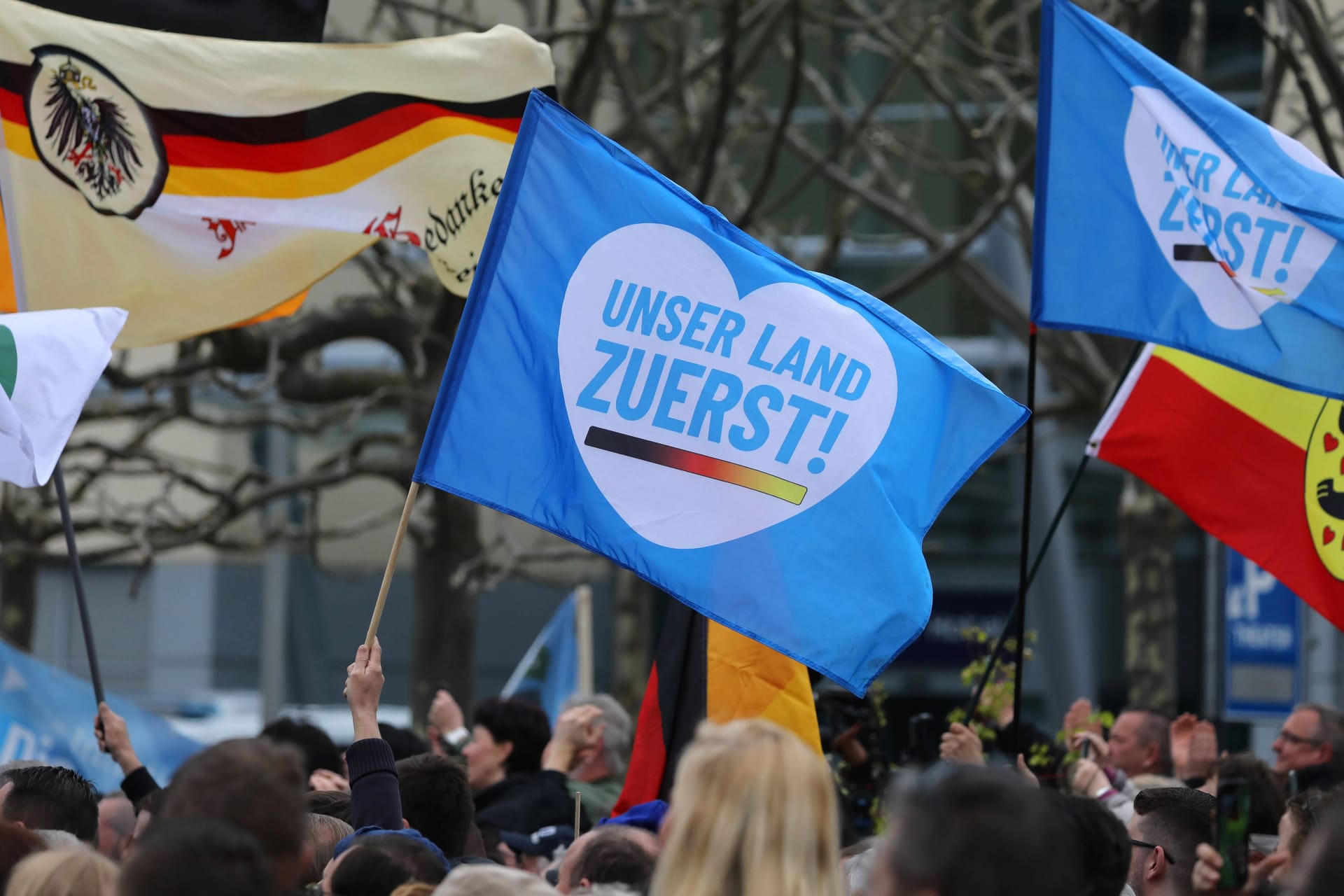Flaggen auf einer Demonstration der AfD in Frankfurt: Unter Unterstützern der Partei sieht der Verfassungsschutz ein erhebliches extremistisches Potenzial, das sich auch in Gewalt äußern könne.